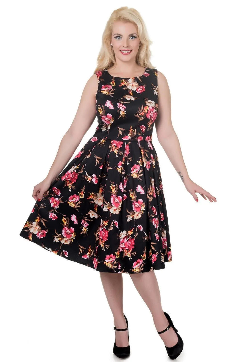 Annie Floral Retro Swing Dress in Black-Pink