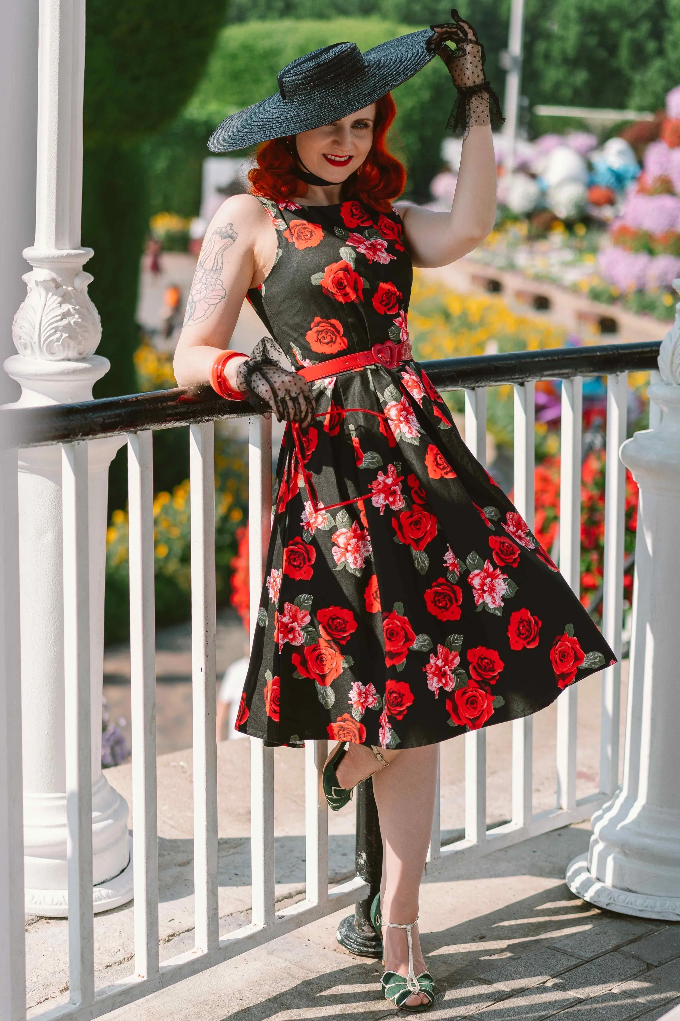 Annie Floral Swing Dress in Black with Red Roses