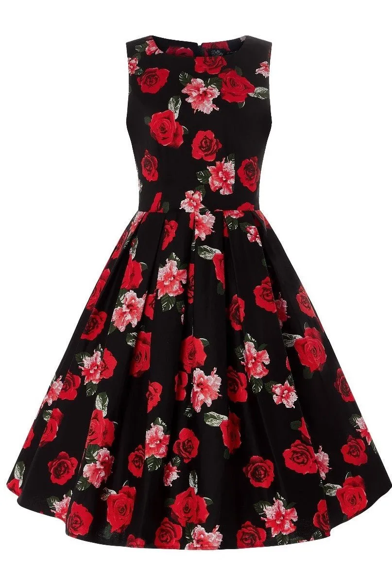 Annie Floral Swing Dress in Black with Red Roses