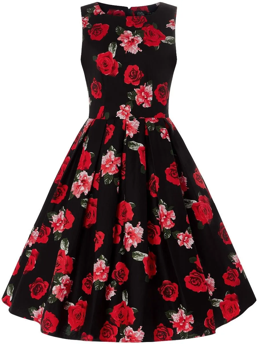 Annie Floral Swing Dress in Black with Red Roses