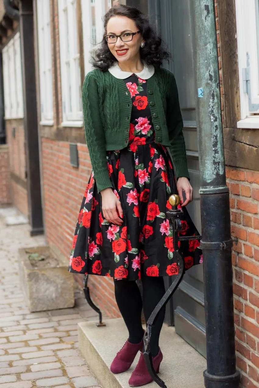 Annie Floral Swing Dress in Black with Red Roses