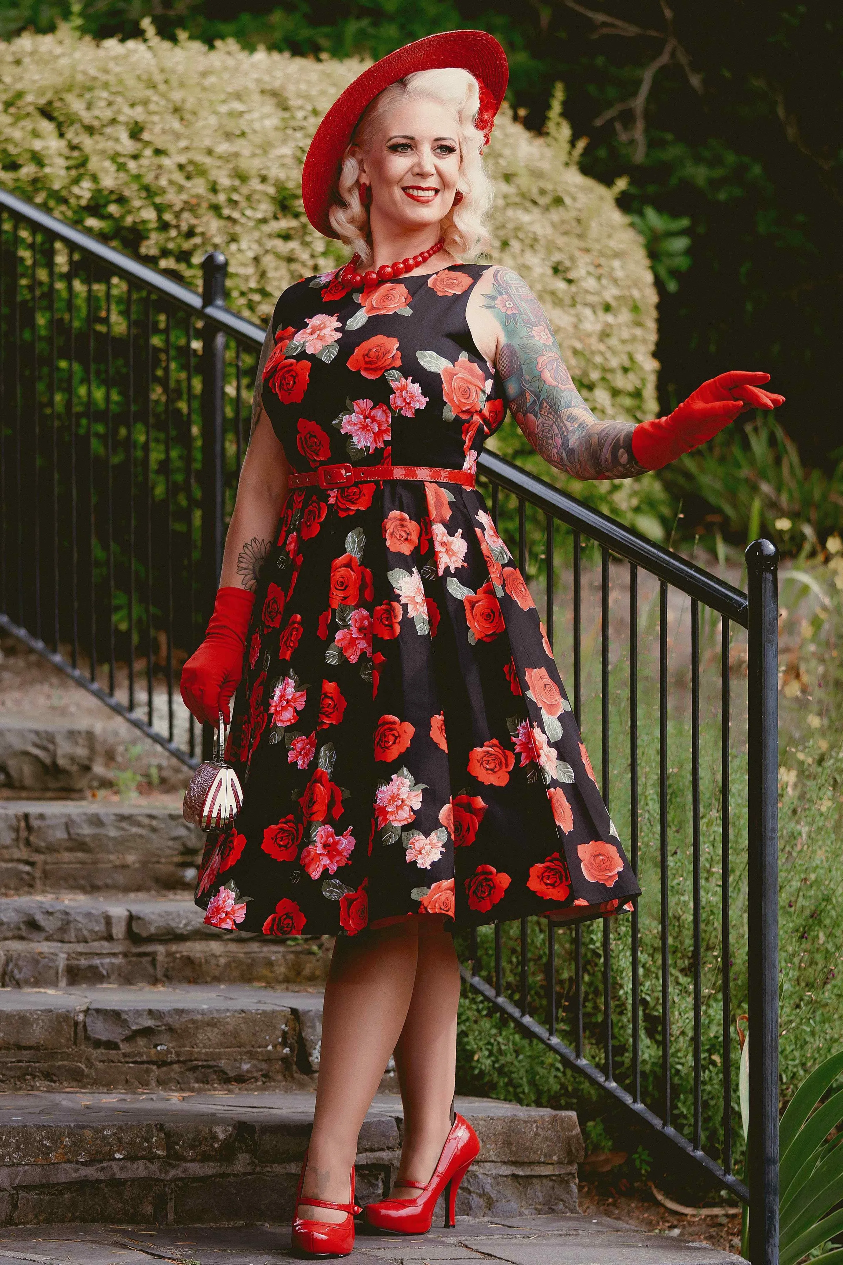 Annie Floral Swing Dress in Black with Red Roses