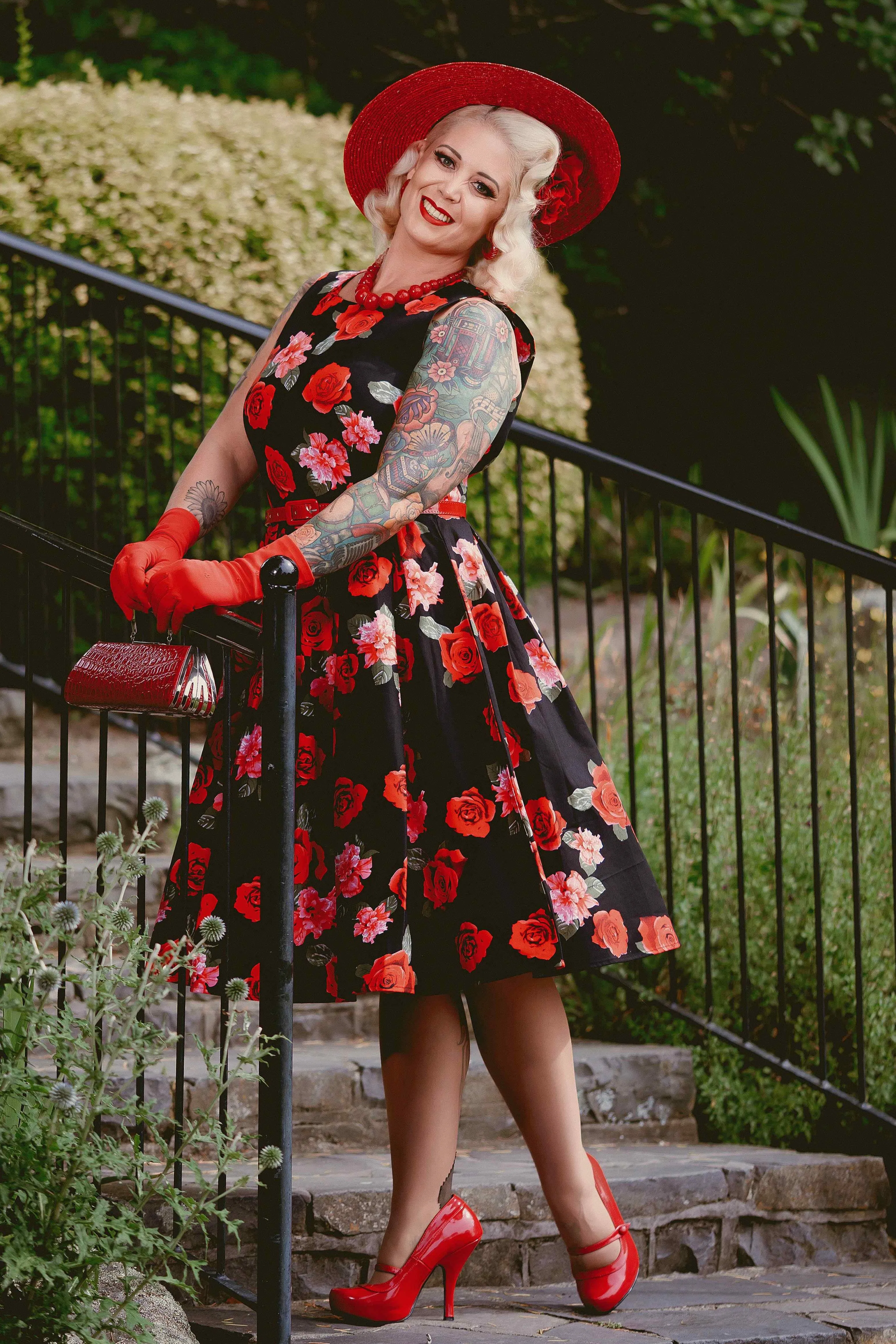 Annie Floral Swing Dress in Black with Red Roses