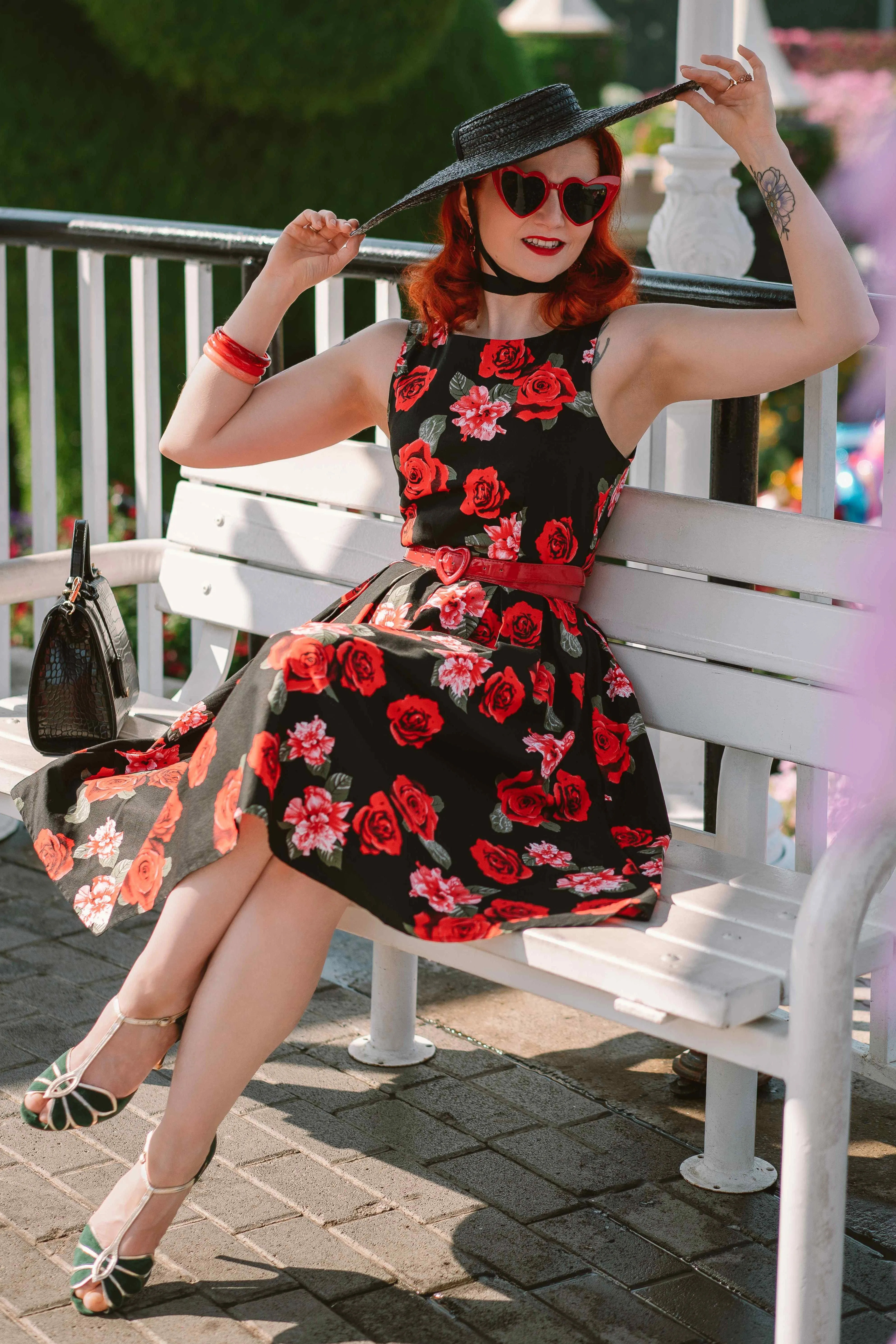 Annie Floral Swing Dress in Black with Red Roses