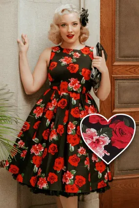 Annie Floral Swing Dress in Black with Red Roses