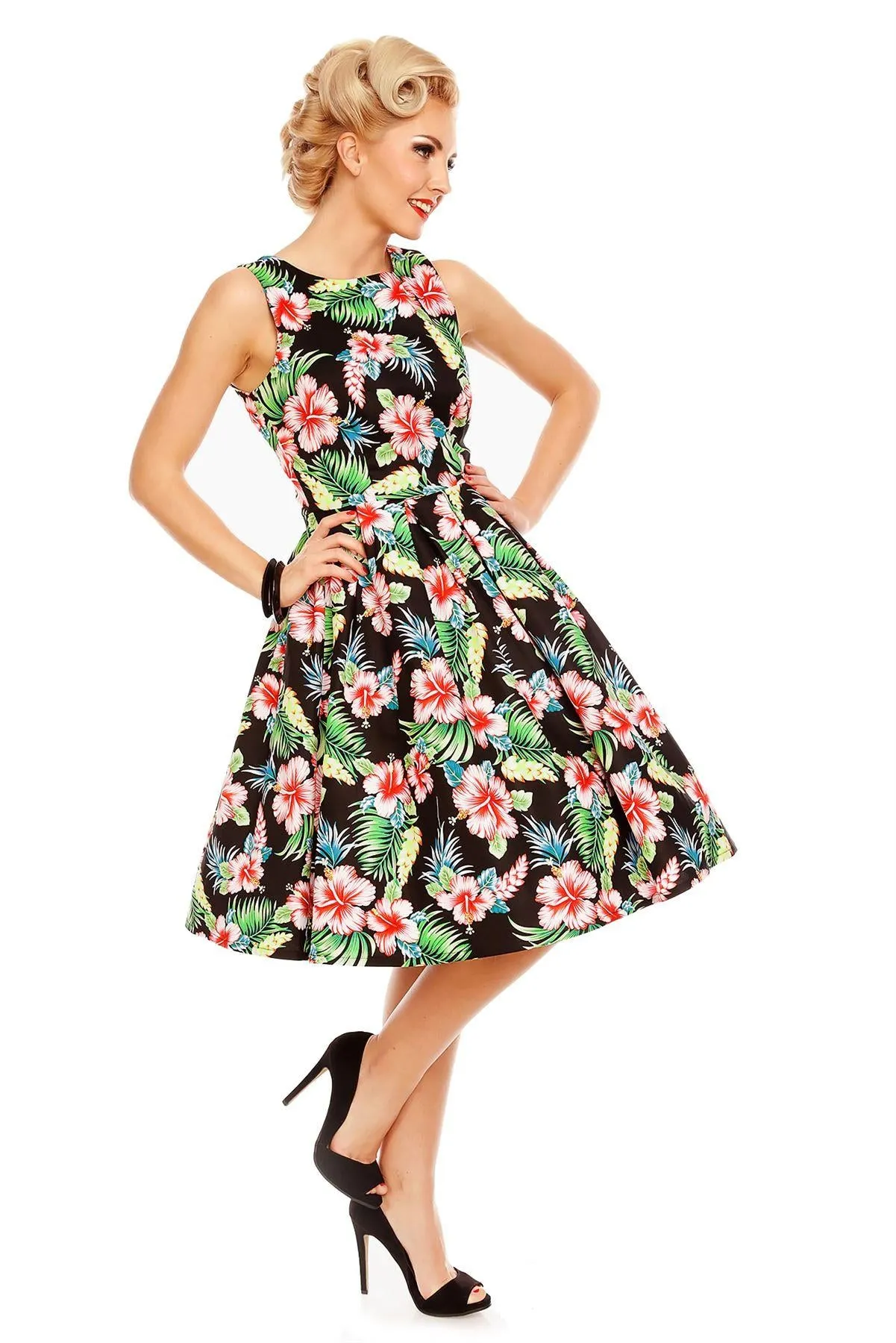 Annie Retro Orchid Floral Swing Dress in Black