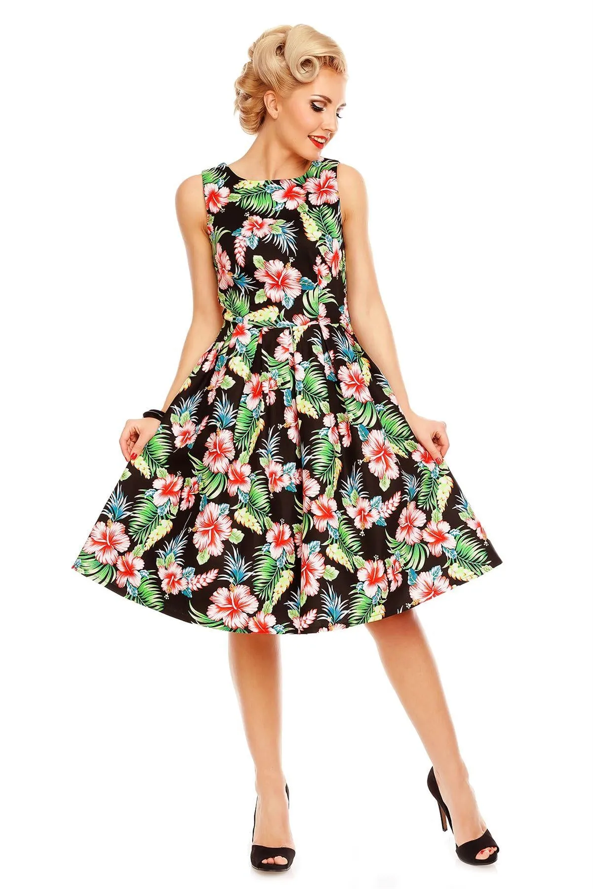 Annie Retro Orchid Floral Swing Dress in Black