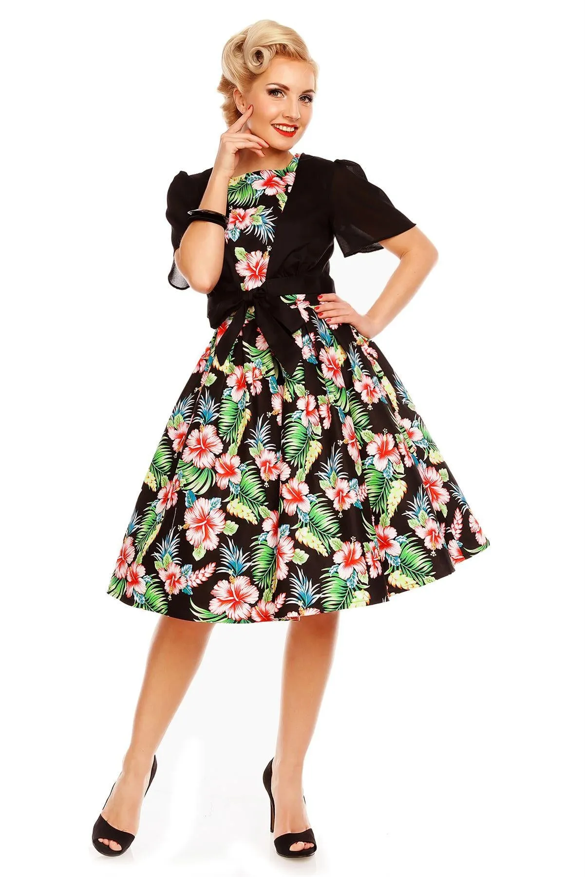 Annie Retro Orchid Floral Swing Dress in Black