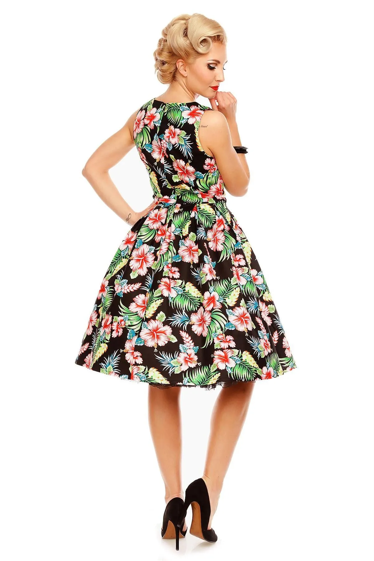 Annie Retro Orchid Floral Swing Dress in Black