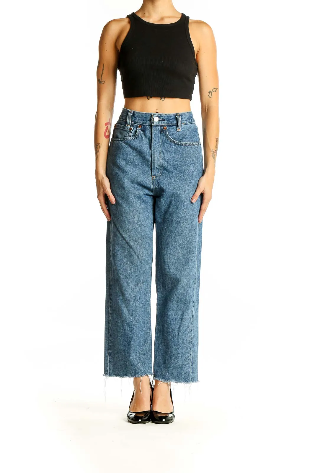 Blue Wide-Leg Frayed Hem Jeans