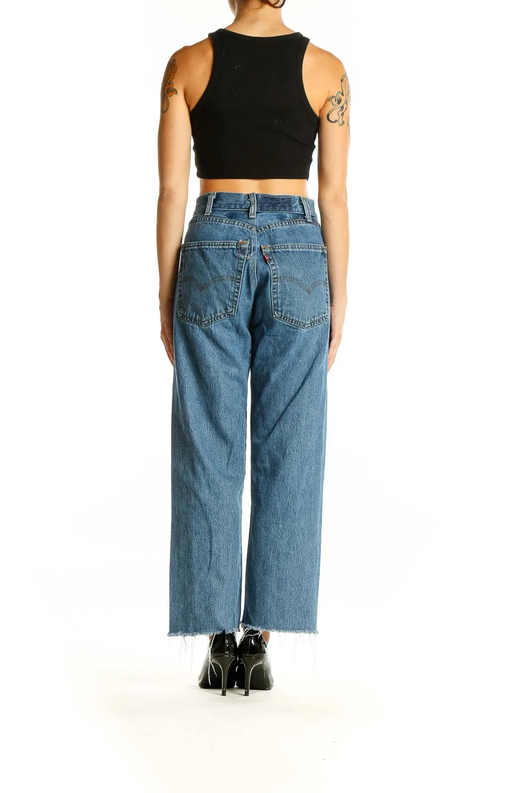 Blue Wide-Leg Frayed Hem Jeans