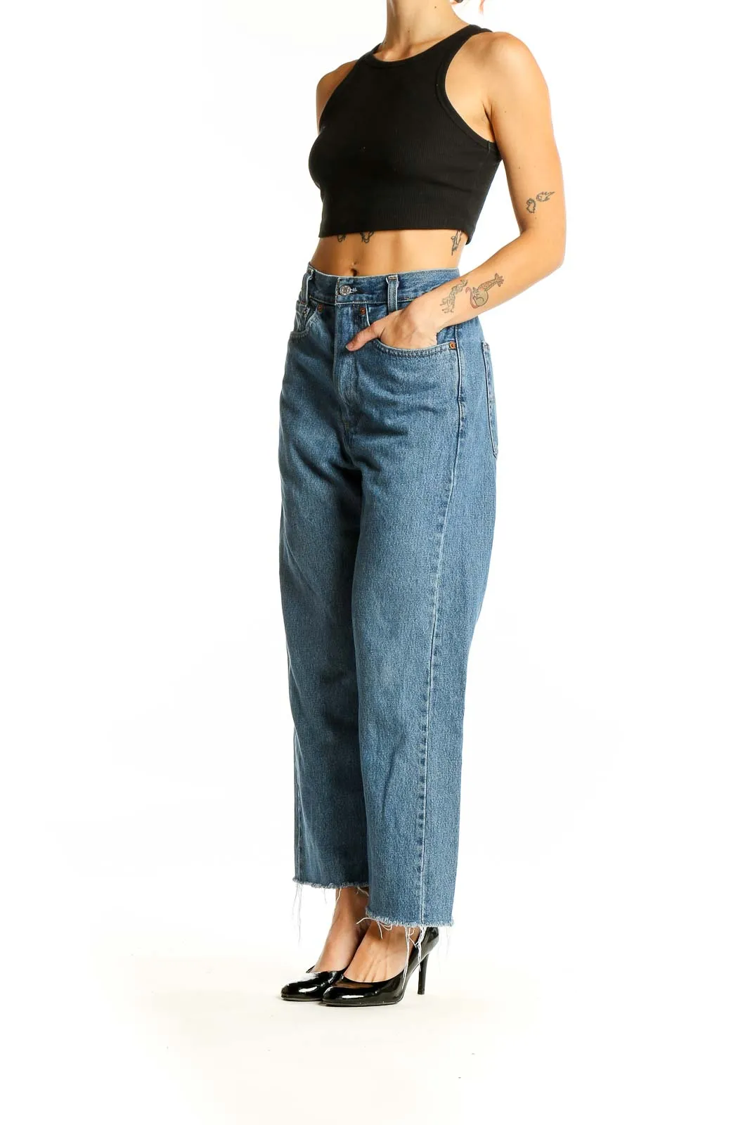 Blue Wide-Leg Frayed Hem Jeans