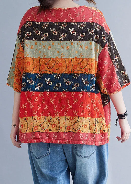 Boho Print V Neck Patchwork Loose drawstring Fall Blouses Half Sleeve