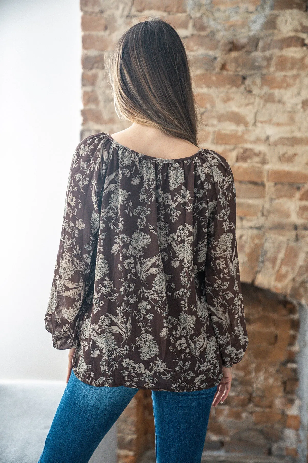 Brown Floral Print Tie Detail Blouse