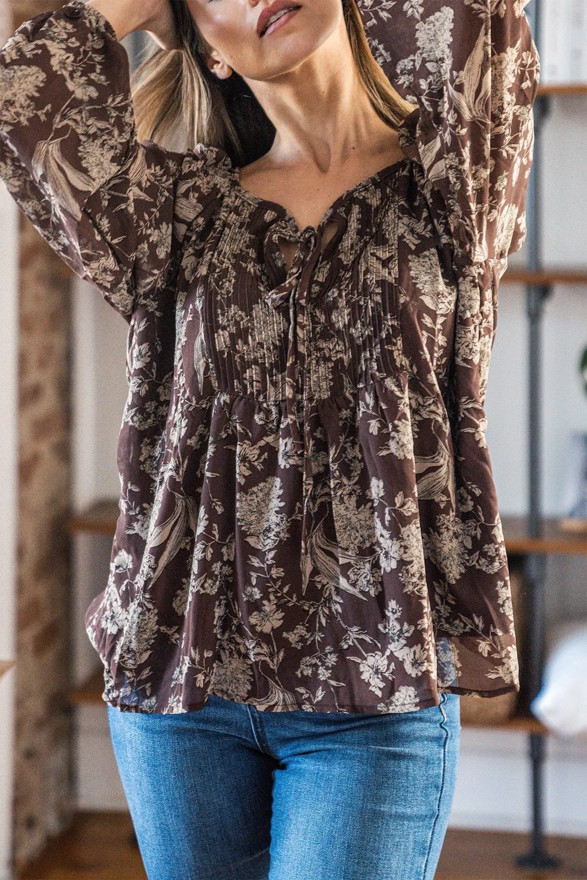 Brown Floral Print Tie Detail Blouse