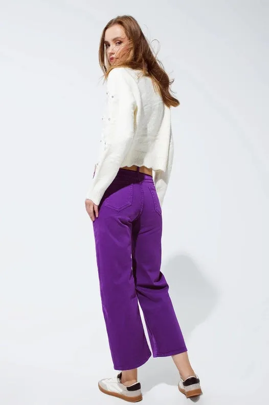 Cropped Wide Leg Jeans In Purple