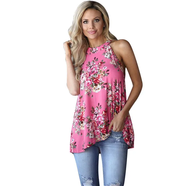 Elegant Sleeveless Chiffon Tops Vintage Floral Printed Blouses