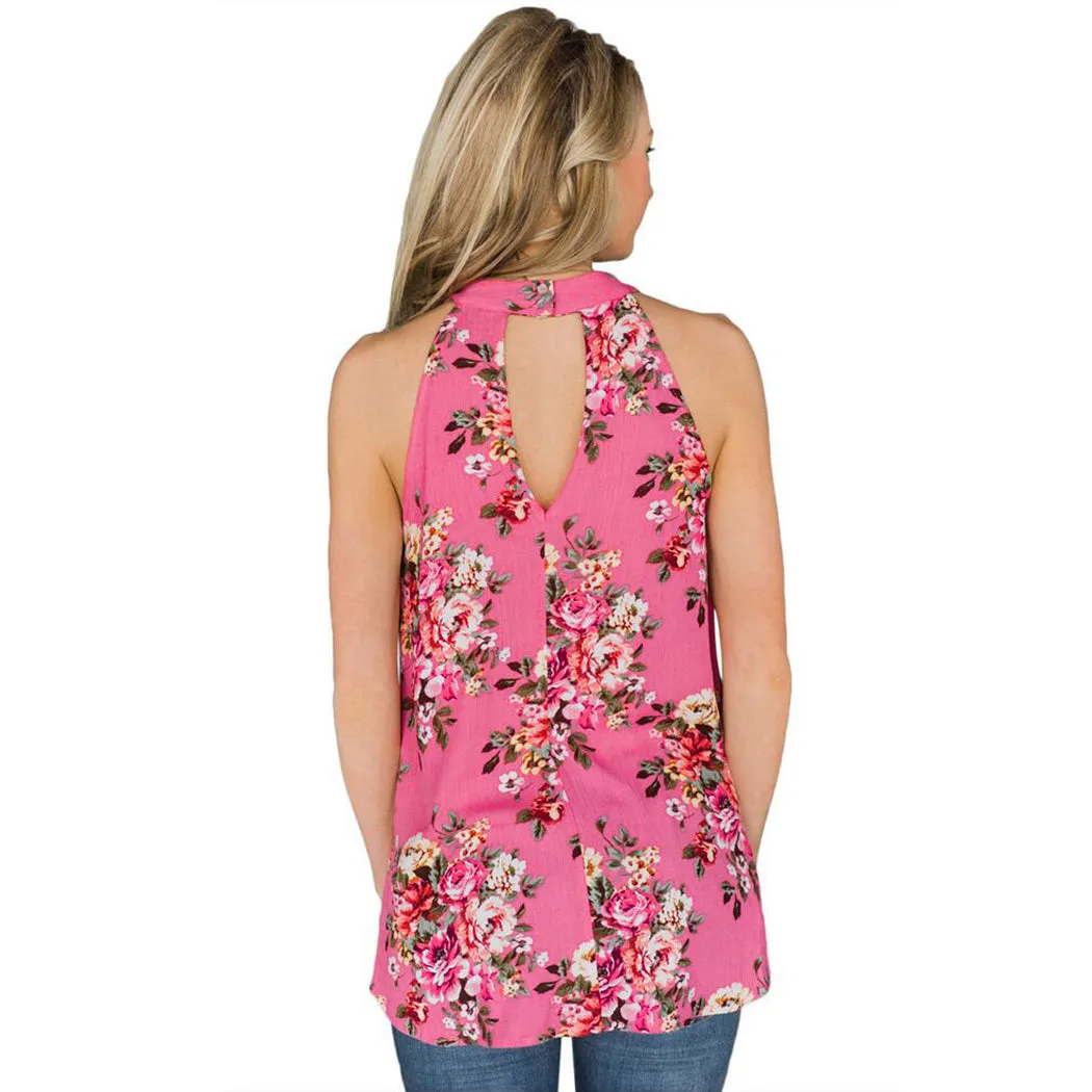 Elegant Sleeveless Chiffon Tops Vintage Floral Printed Blouses