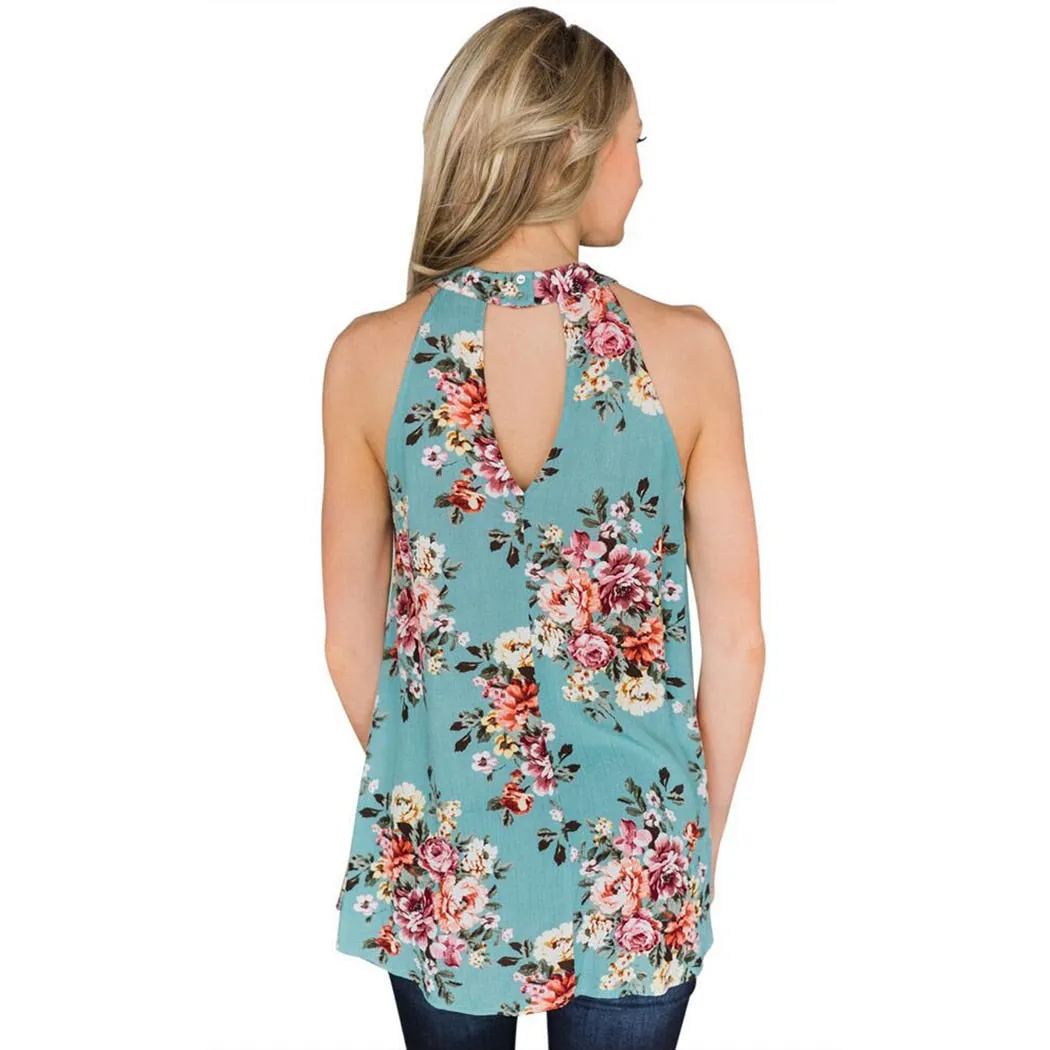 Elegant Sleeveless Chiffon Tops Vintage Floral Printed Blouses