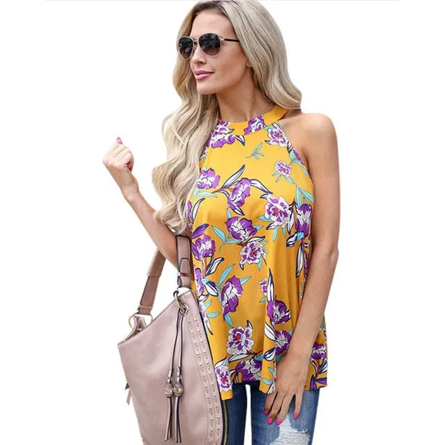 Elegant Sleeveless Chiffon Tops Vintage Floral Printed Blouses