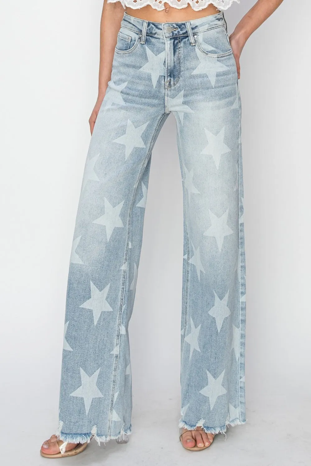 Full Size Raw Hem Star Wide Leg Jeans