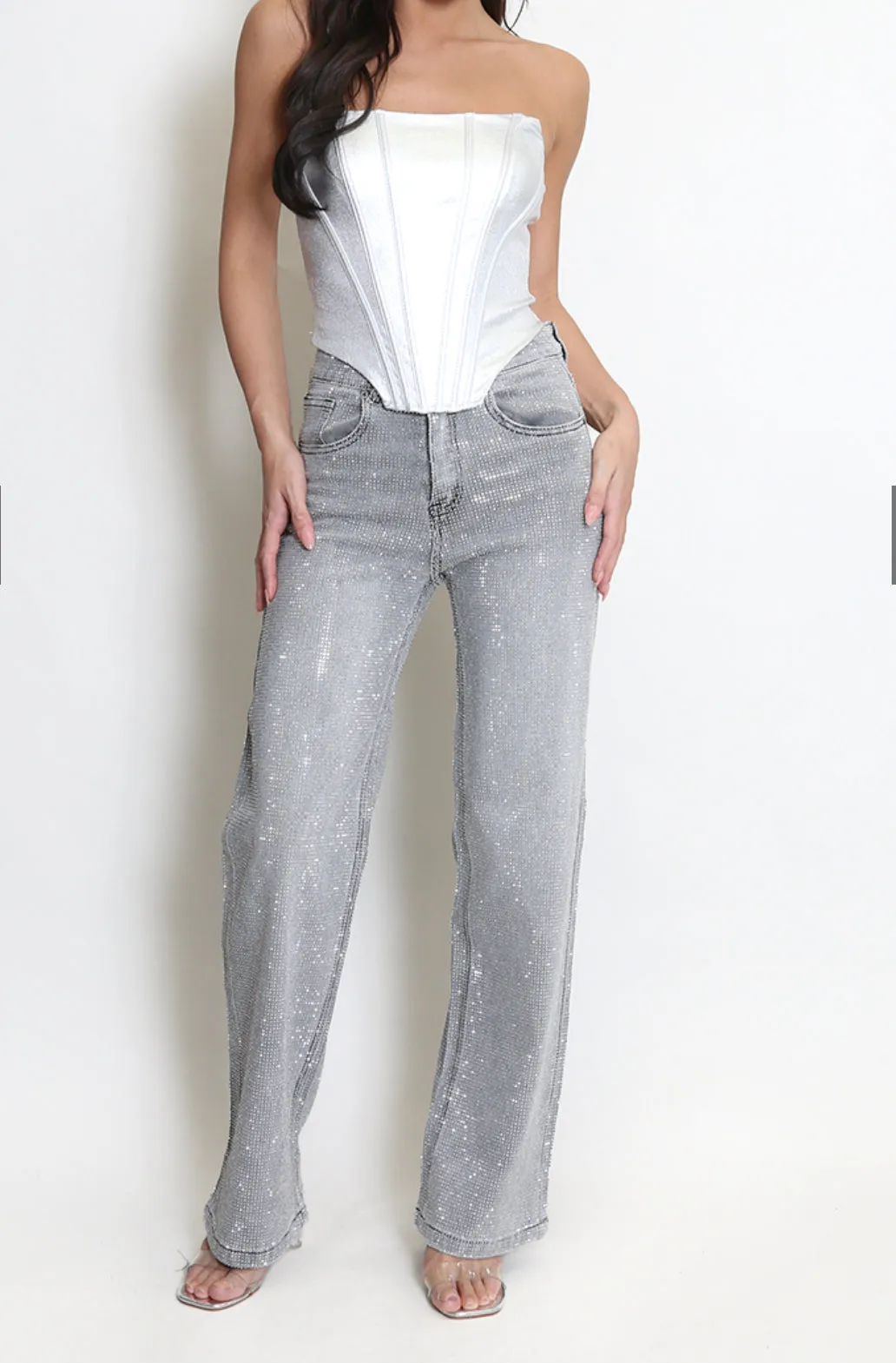 Grey Embellished Wide Fit Jeans