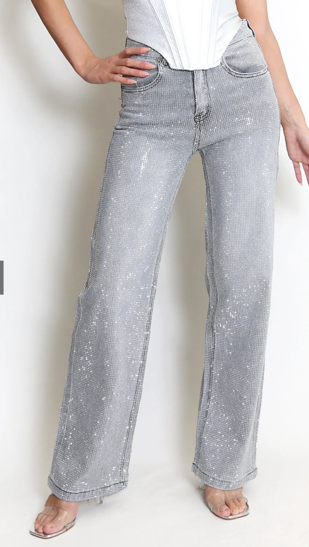 Grey Embellished Wide Fit Jeans