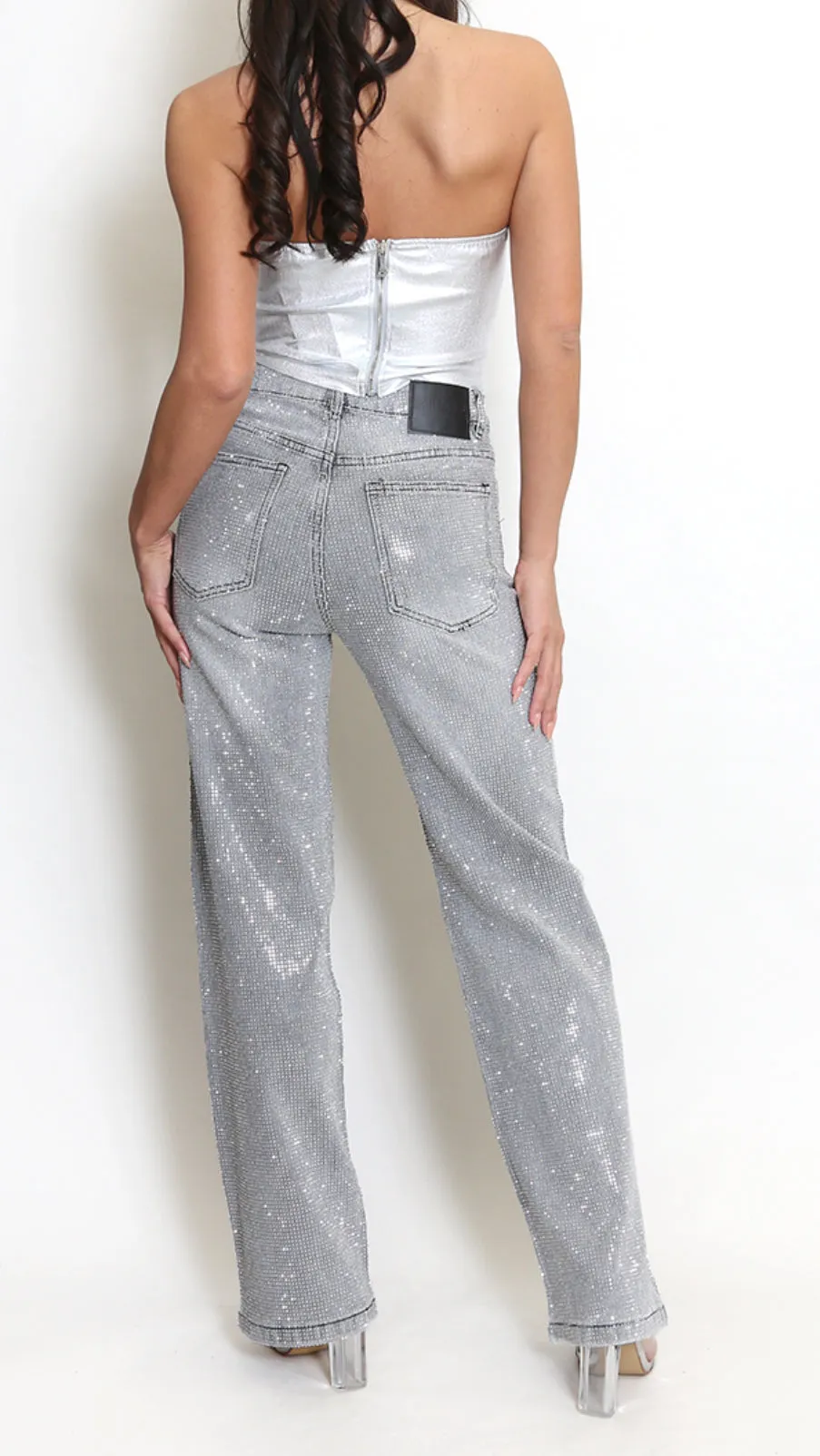 Grey Embellished Wide Fit Jeans