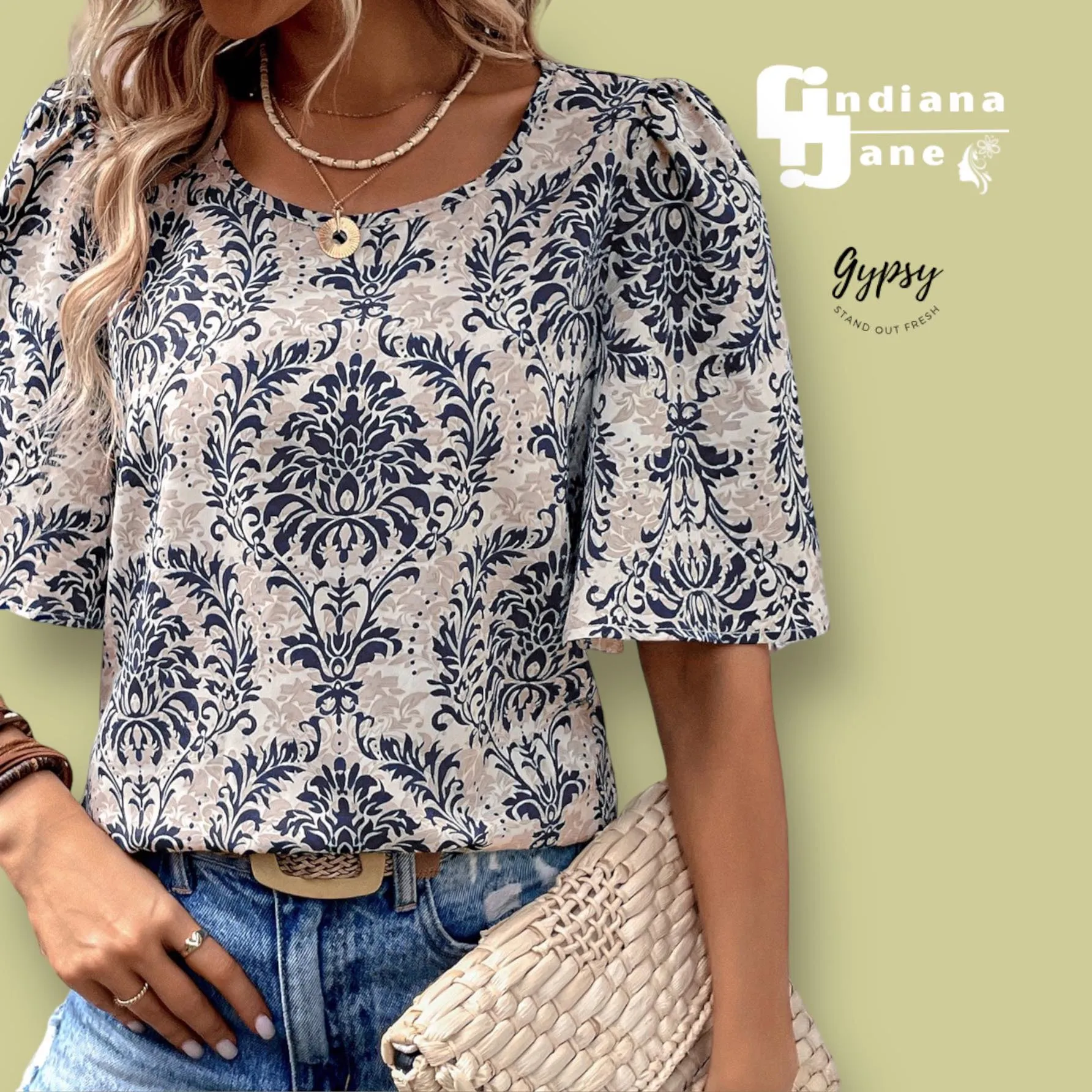 GYPSY Paisley Print Puff Sleeve Woven Blouse Top