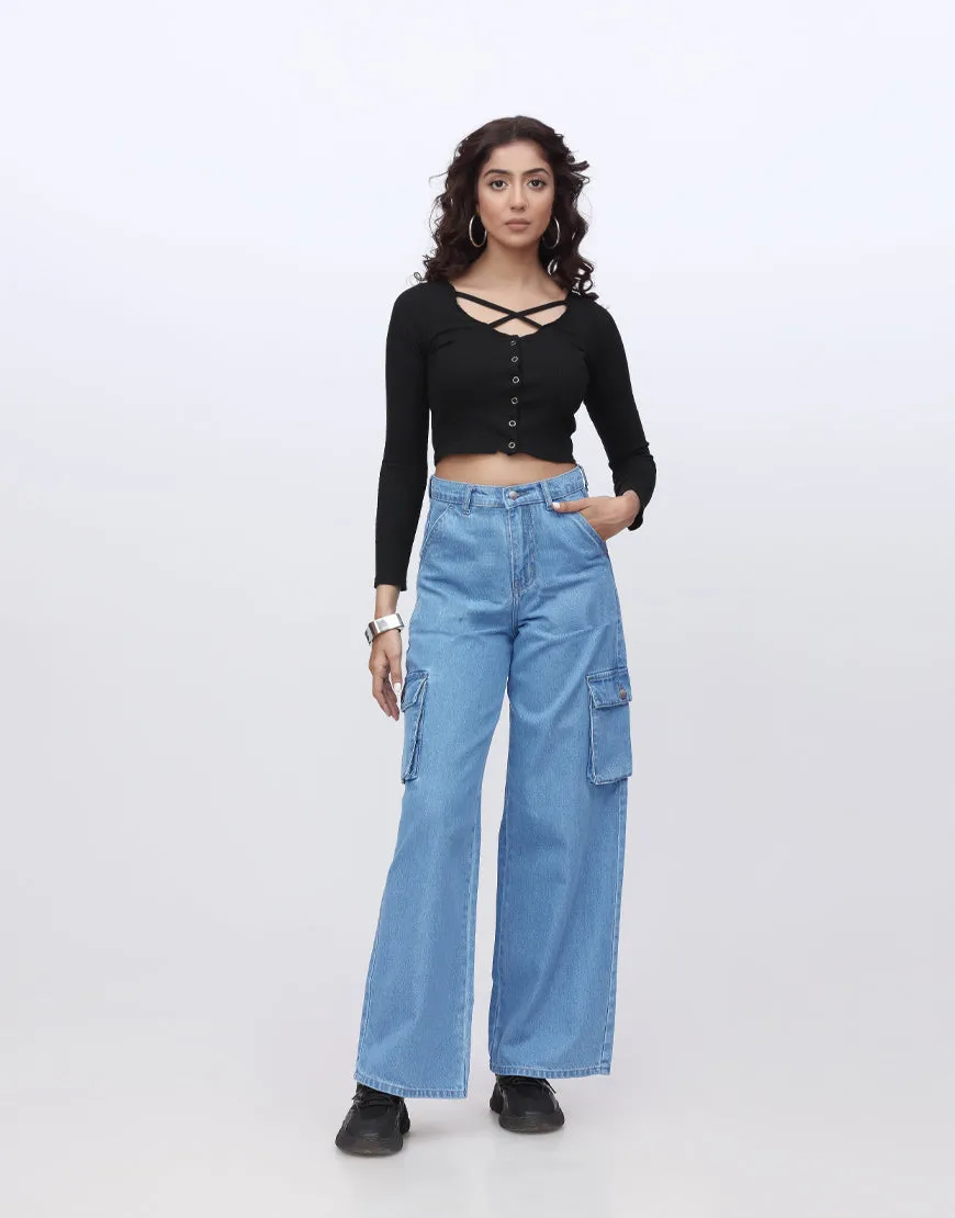 High Rise Wide Leg Cargo Medium Wash