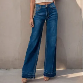 High Waisted Distressed Stretchy Wide Leg Jeans