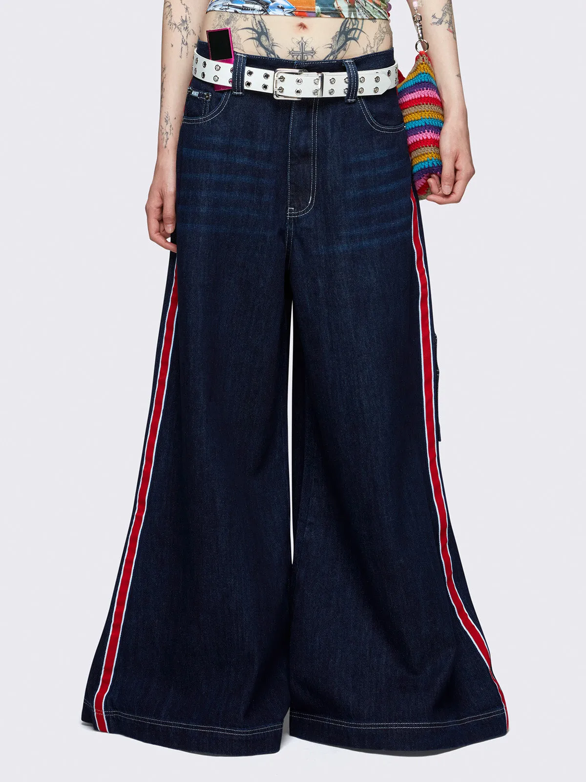 Indigo Side-Panel Wide Leg Jeans