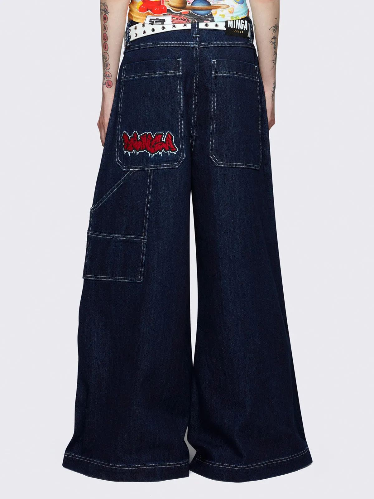 Indigo Side-Panel Wide Leg Jeans