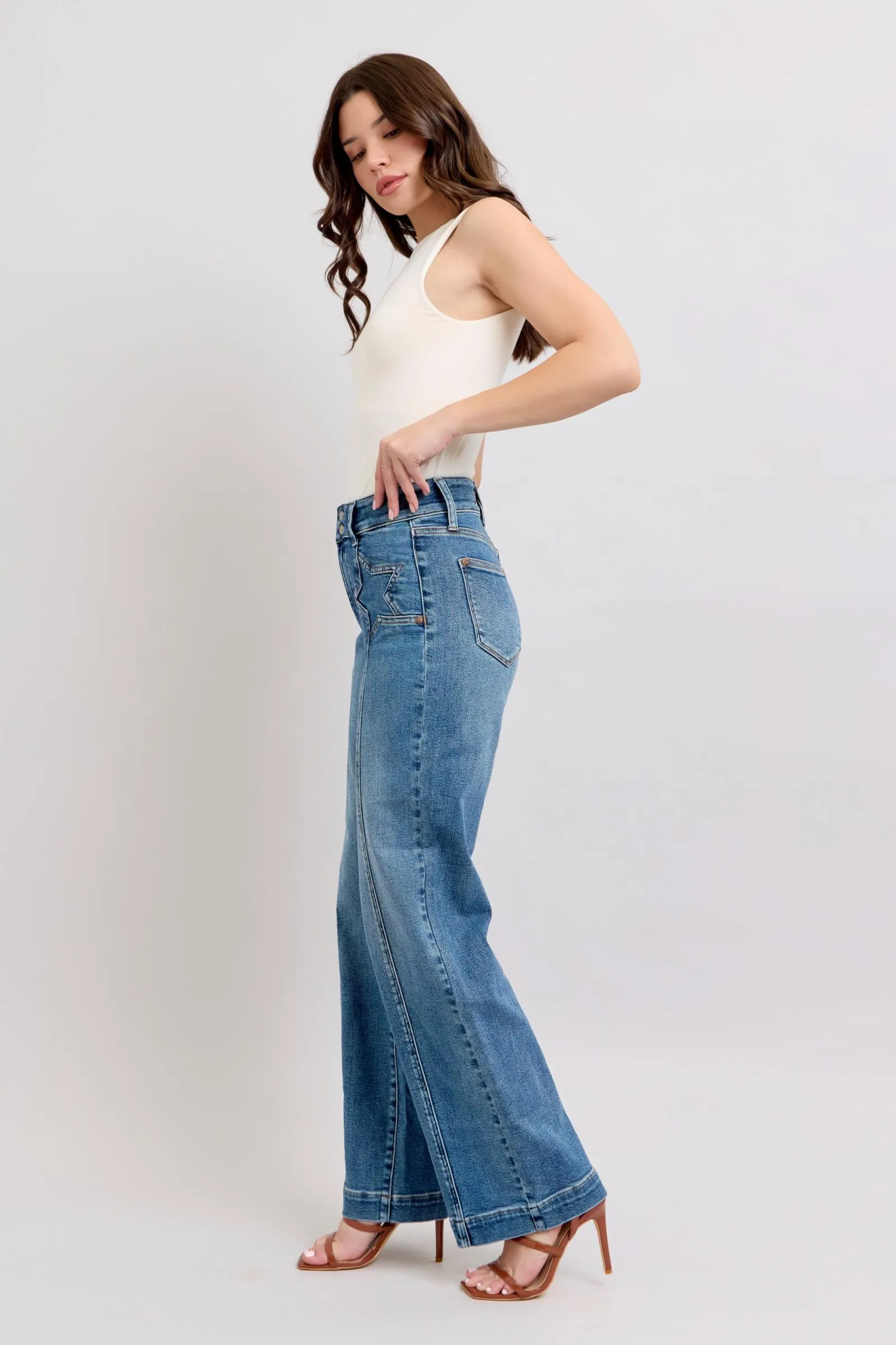 Judy Blue High Waist Double Button Wide Leg Front Star Seam Detail Wide Leg | Sleek Denim Boutique