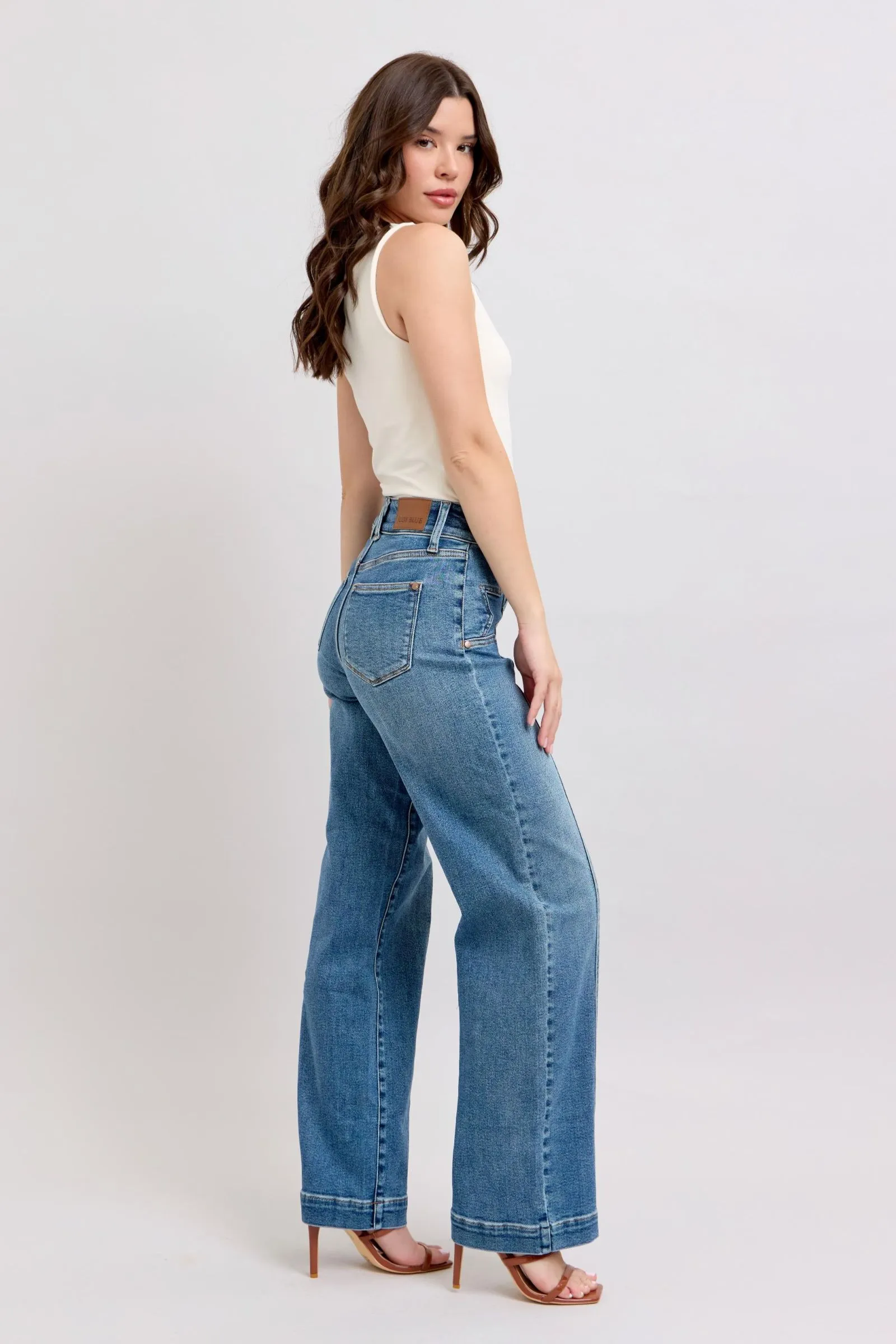 Judy Blue High Waist Double Button Wide Leg Front Star Seam Detail Wide Leg | Sleek Denim Boutique