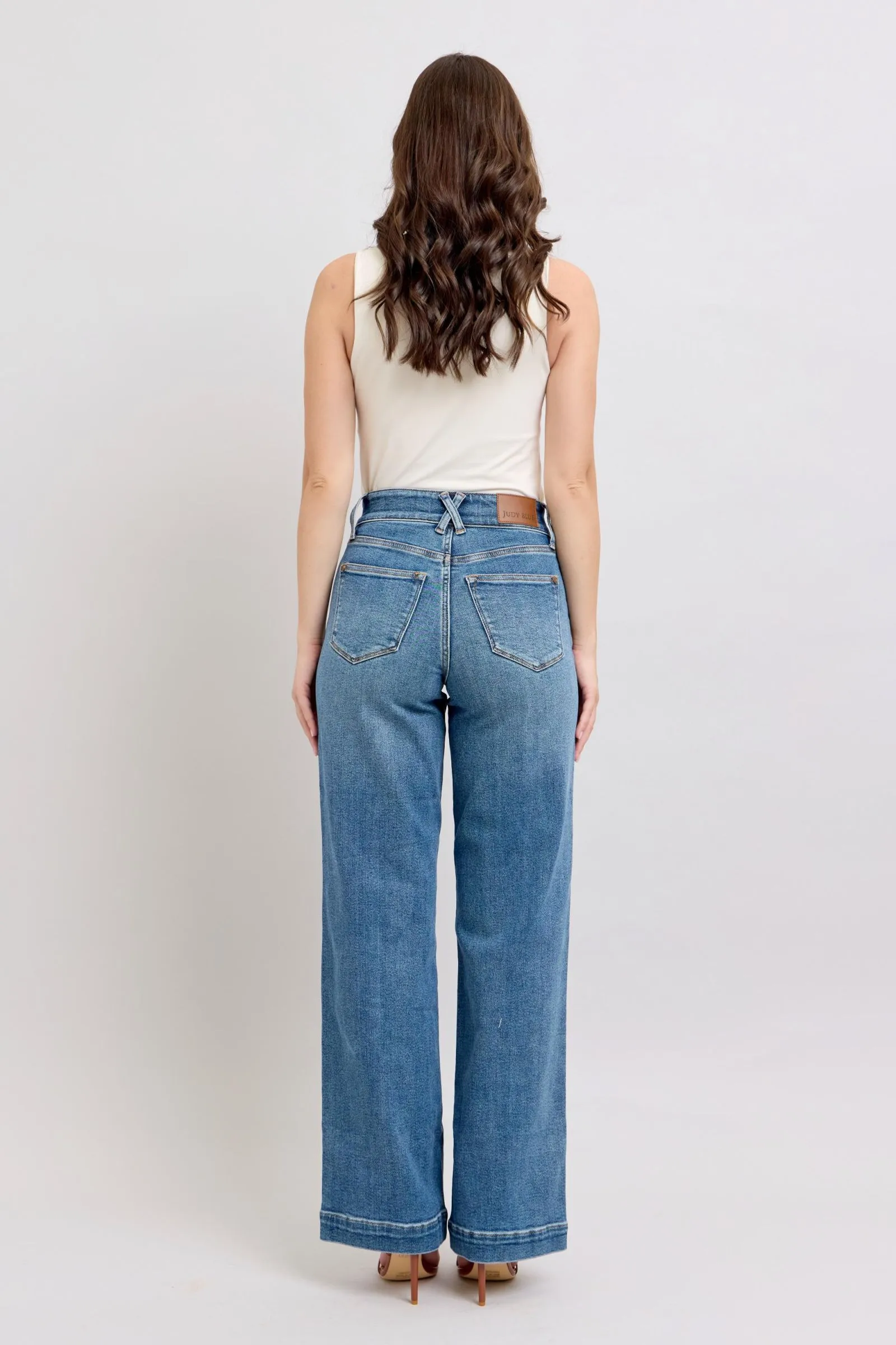 Judy Blue High Waist Double Button Wide Leg Front Star Seam Detail Wide Leg | Sleek Denim Boutique