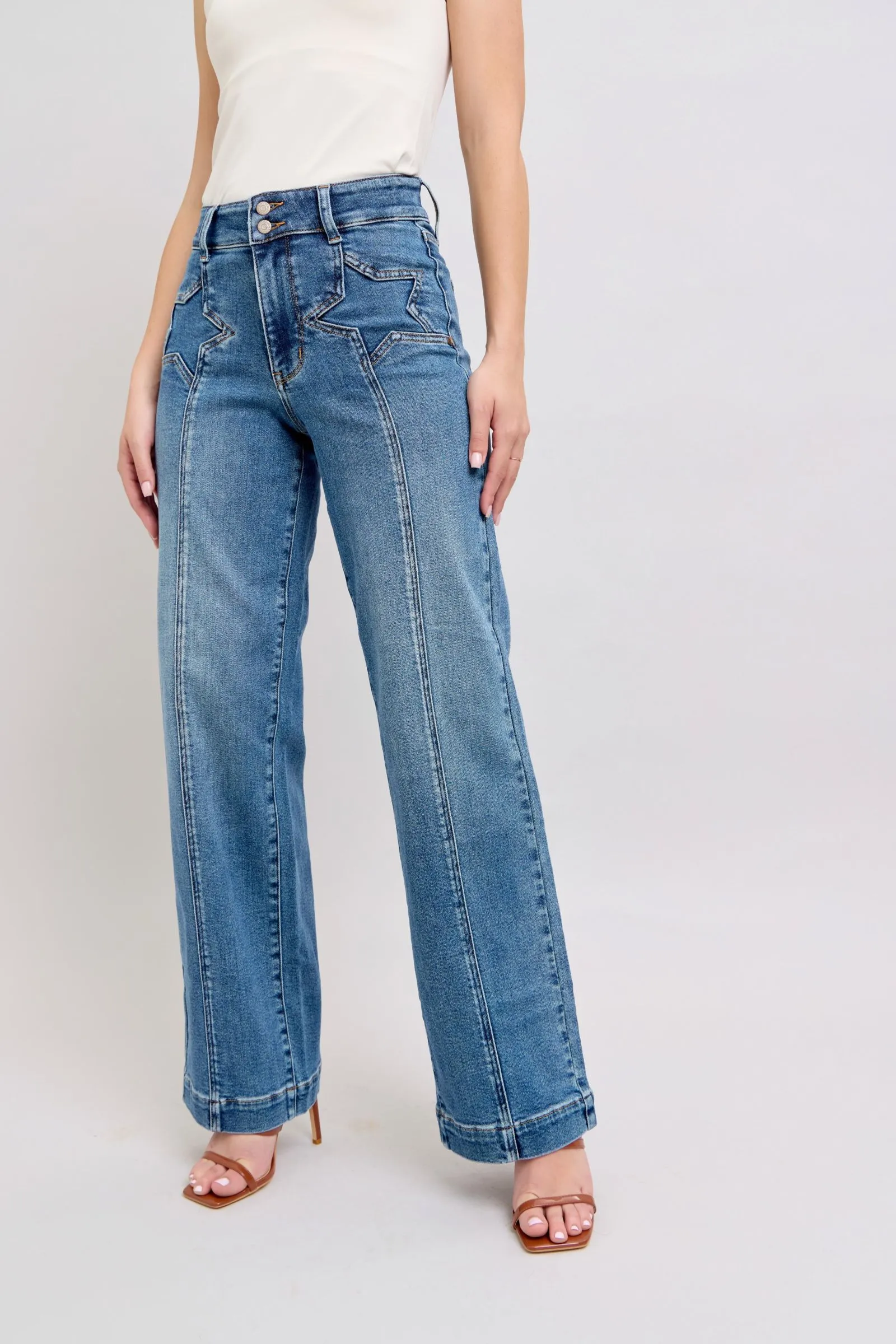 Judy Blue High Waist Double Button Wide Leg Front Star Seam Detail Wide Leg | Sleek Denim Boutique