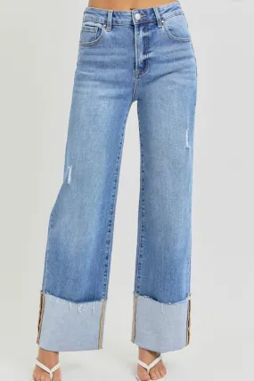 Medium Risen High Rise Wide Leg Cuffed Jeans