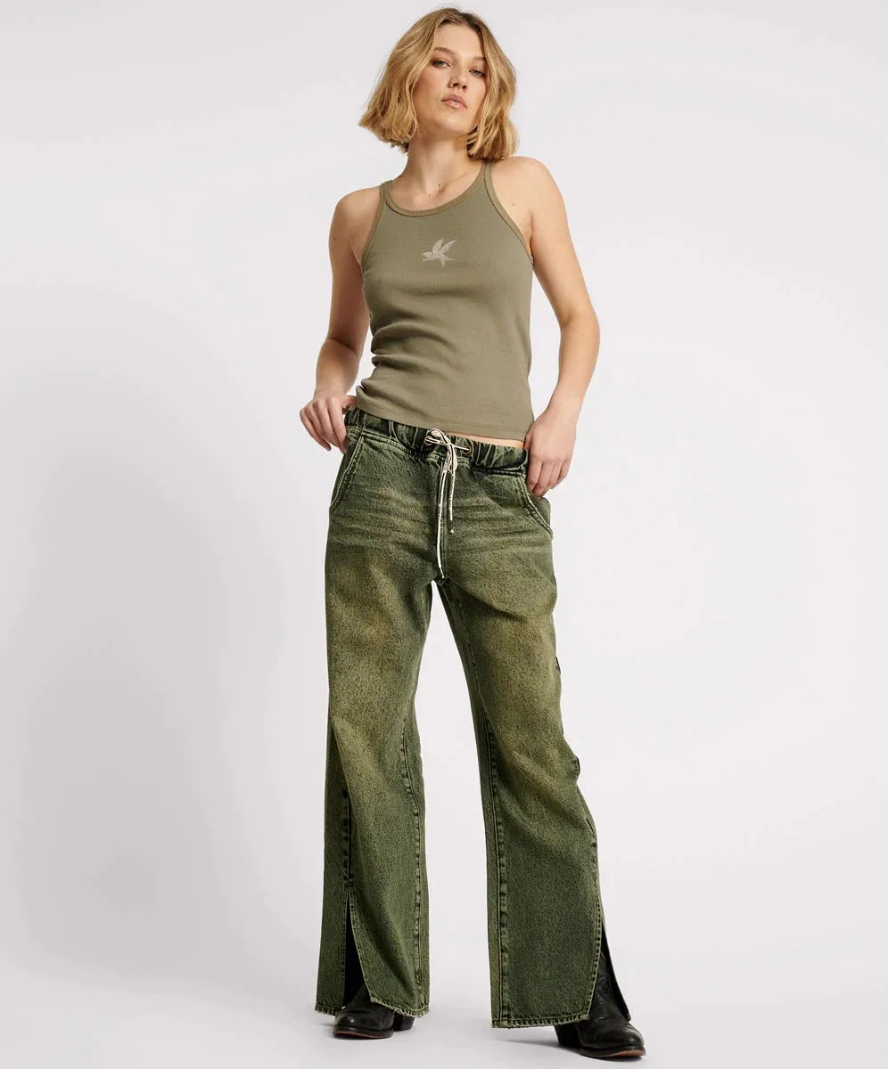 ONE TEASPOON BLACK KHAKI ROADHOUSE WIDE LEG DRAWSTRING JEANS