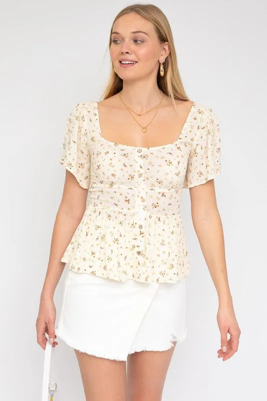 *Online Exclusive* Ditsy Smocked Top (Taupe)