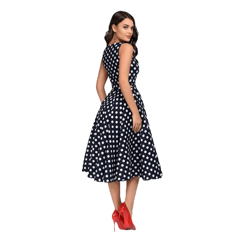 Retro Elegant Women's Sleeveless O-neck Dress With Polka Dot Print