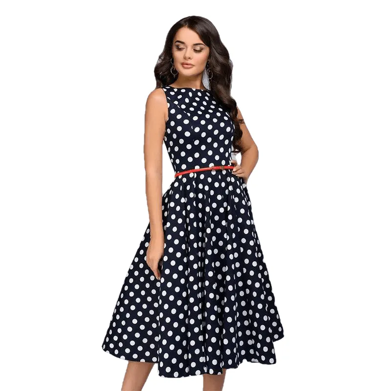 Retro Elegant Women's Sleeveless O-neck Dress With Polka Dot Print