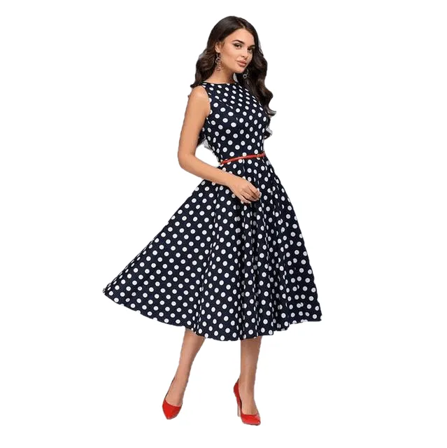 Retro Elegant Women's Sleeveless O-neck Dress With Polka Dot Print