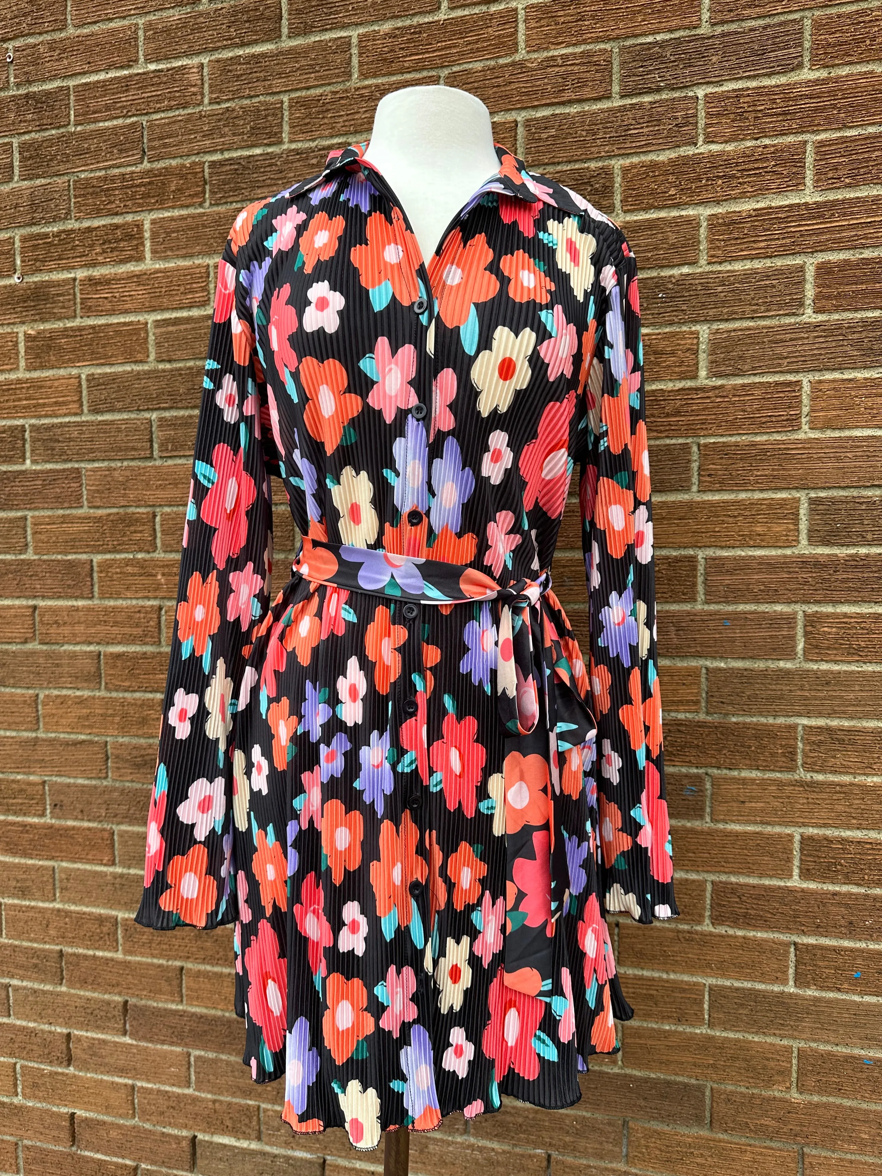 Retro Floral Pleated Tie Waist Dress