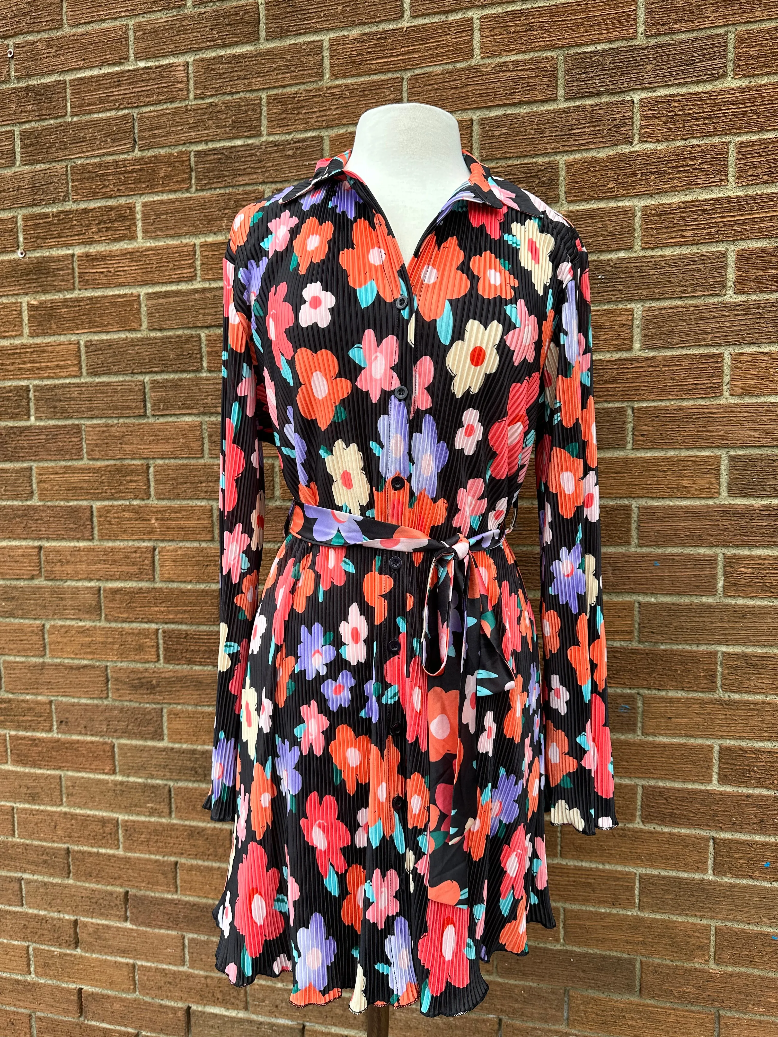 Retro Floral Pleated Tie Waist Dress