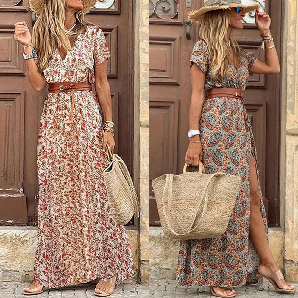 Retro Maxi Dress Women V Neck Short Sleeve Dress Female Floral Print Belt Beach Holiday Long Split Dresses Ladies Elegant Robe