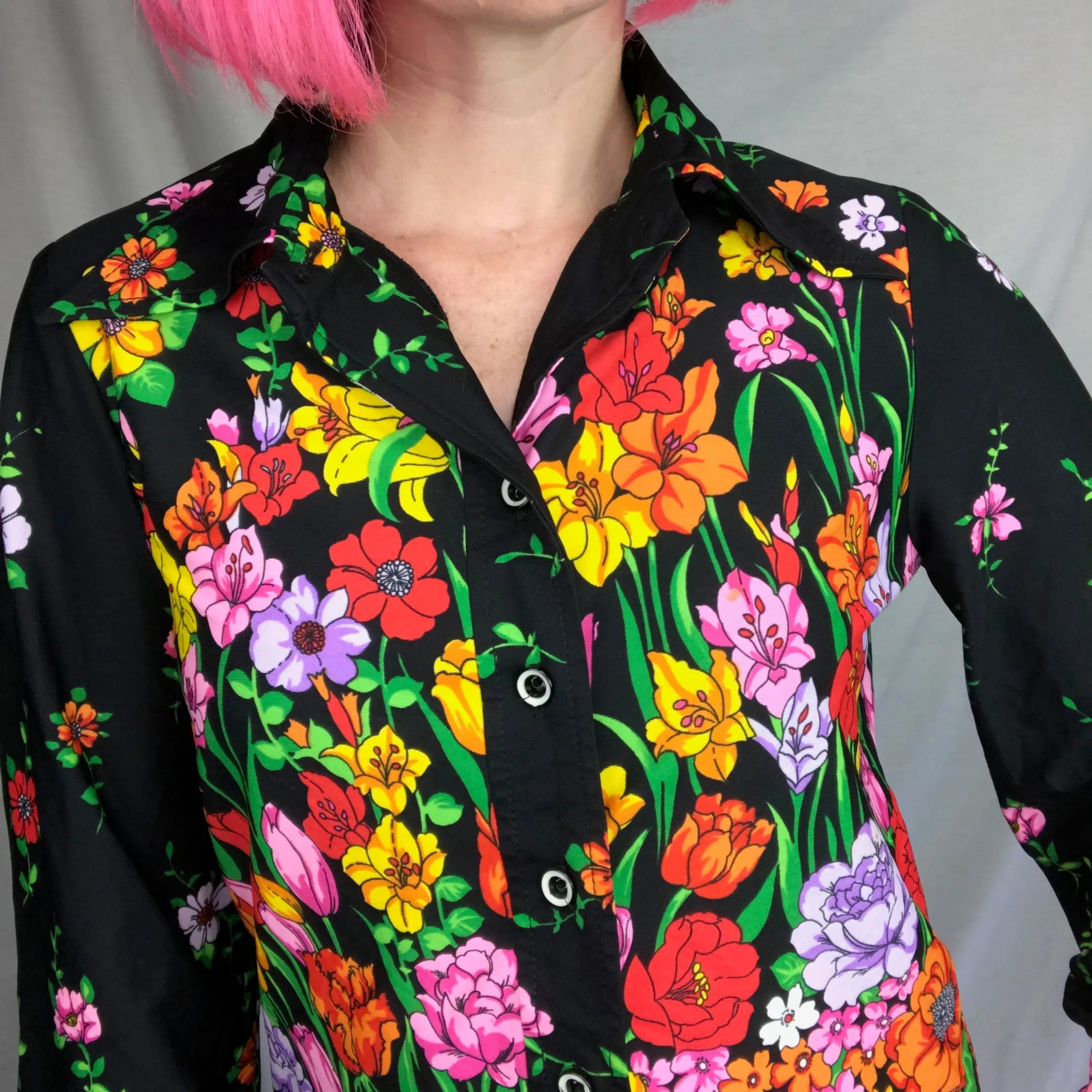 Vintage 60s 70s | Novelty Floral Psychedelic Mod Boho Disco Blouse Shirt Top | M