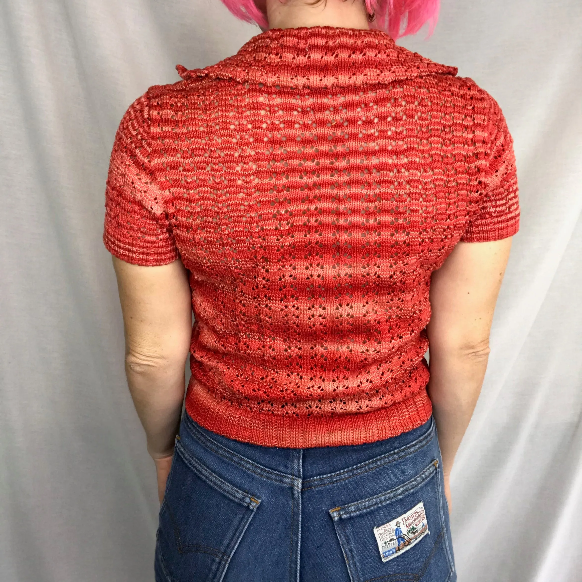 Vintage 60s 70s | Red Knit Mod GoGo Groovy Hippie Boho Big Collar Crop Top | S