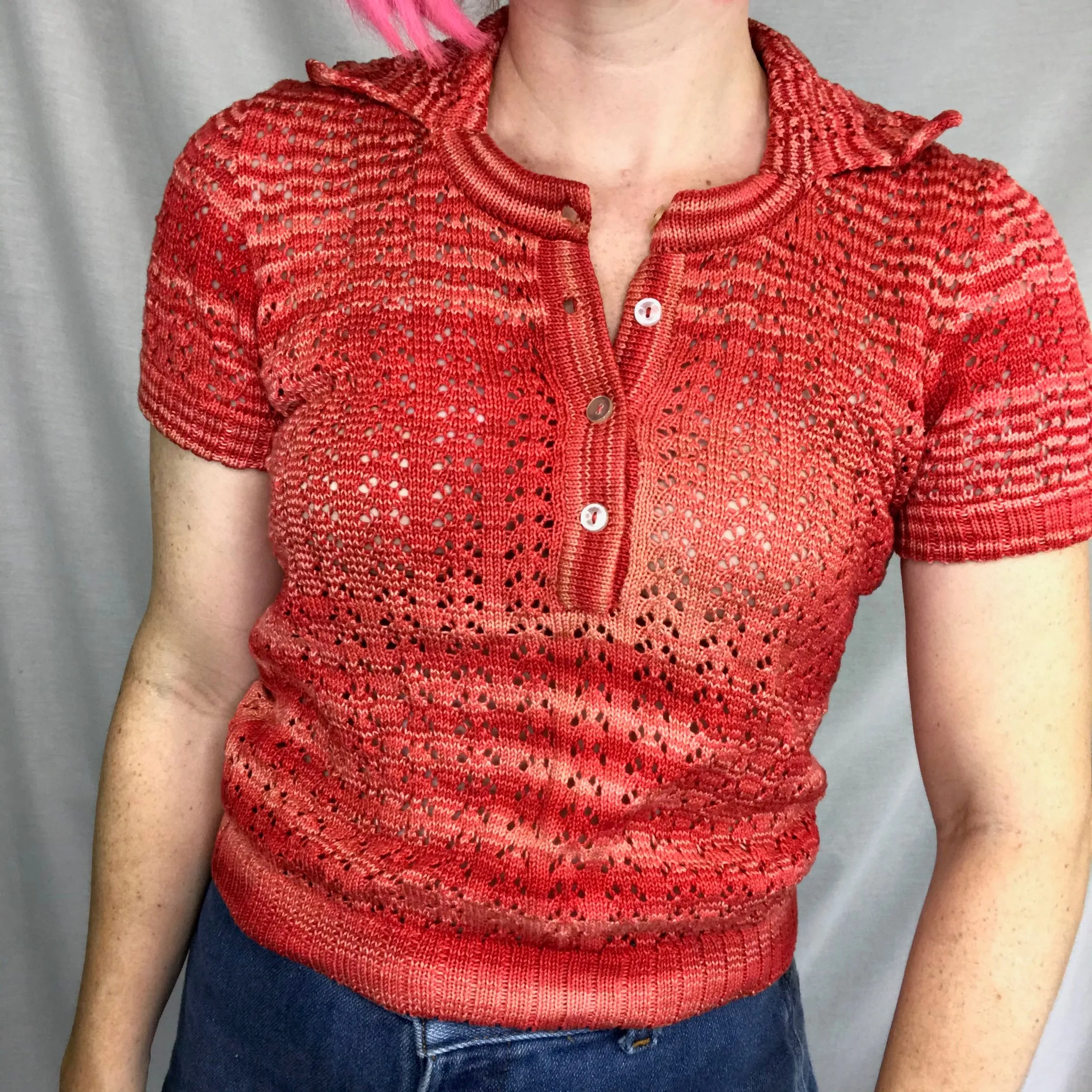 Vintage 60s 70s | Red Knit Mod GoGo Groovy Hippie Boho Big Collar Crop Top | S