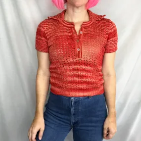 Vintage 60s 70s | Red Knit Mod GoGo Groovy Hippie Boho Big Collar Crop Top | S